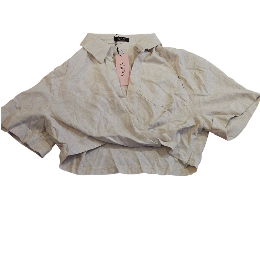 Micas Oatmeal Linen Look Cropped Wrap Blouse Short Sleeve Collared Top XL NWT - Picture 6 of 7